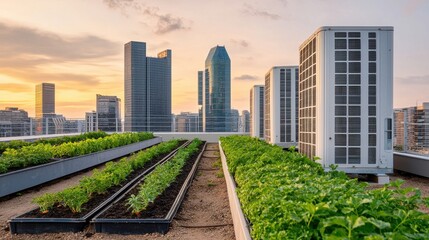 Fototapeta premium Urban rooftop garden with skyline view at sunset in the city