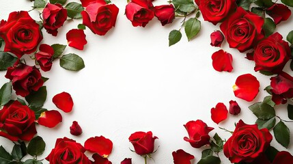 Red roses and scattered petals arranged in a romantic floral frame on white background with copy space