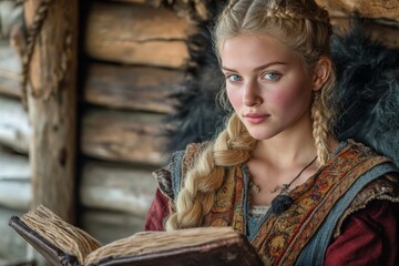 Young woman reading an ancient book in a rustic wooden cabin at dusk