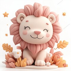 Fototapeta premium Pet portraits, Cute Cartoon Lion Character with Floral Elements and Soft Colors