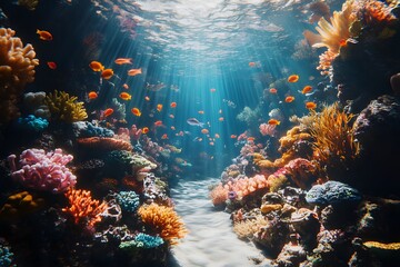 Fototapeta premium Underwater coral reef vibrant fish sunlight path