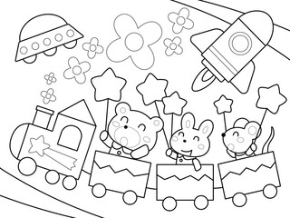 楽しい乗り物と動物たちの塗り絵