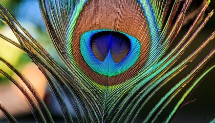 Close-Up of a Peacock Feather, Highlighting the Iridescent Colors and Intricate Patterns