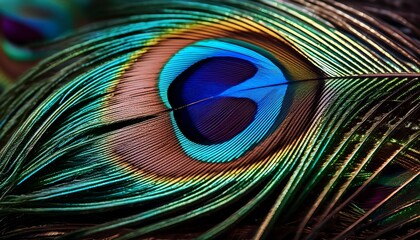 Obraz premium Close-Up of a Peacock Feather, Highlighting the Iridescent Colors and Intricate Patterns
