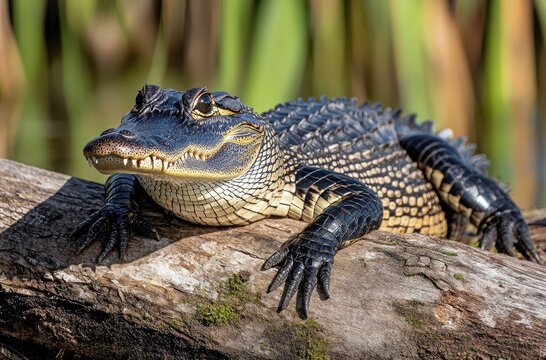 Close-up of a majestic alligator resting on a log surrounded by lush green reeds in a serene wetland habitat, showcasing its unique texture and features