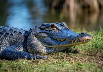 Fototapeta premium Close-Up of a Majestic Alligator Resting on the Grass by the Water's Edge with a Clear Background and Natural Habitat in Bright Sunshine