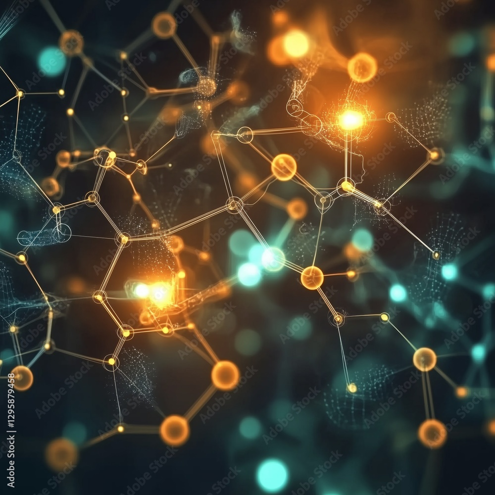 Poster high-tech visualization of metabolism with glowing molecular structures representing vitamins and nu