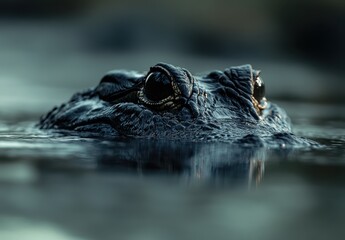 Obraz premium Close-Up of a Majestic Amphibian Emerging from Water Surface, Showcasing Intricate Textures and Glimmering Eyes in a Natural Environment