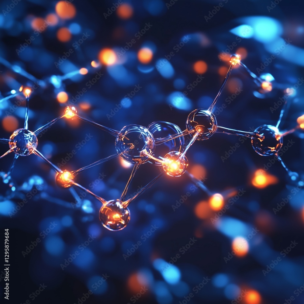 Poster high-tech visualization of metabolism with glowing molecular structures representing vitamins and nu