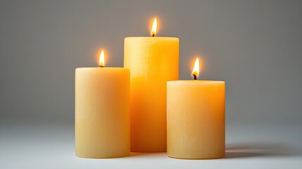 Three burning wax candles with warm glowing flames creating a cozy and peaceful atmosphere in soft lighting