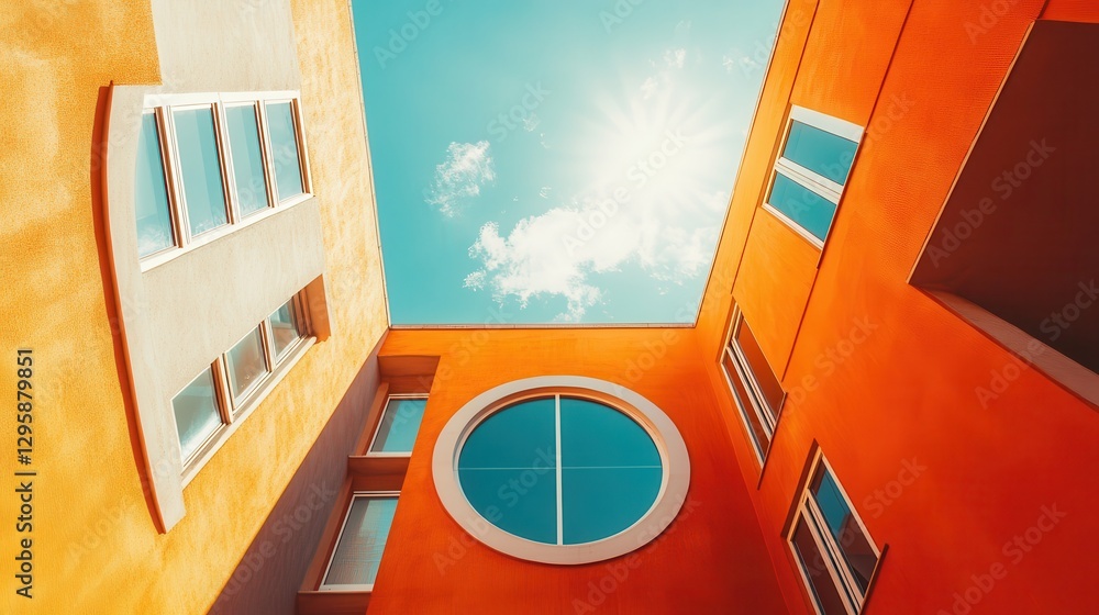 Poster modern architectural design with bright colors and unique shapes under a clear sky and sunlight filt