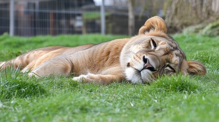 Naklejka premium Relaxing Lion Resting on Soft Green Grass in Sunny Outdoor Environment, Capturing Serenity in Wildlife Scene