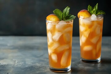 Fototapeta premium Peach Lemonade. Refreshing Summer Drink with Ice, Peach, and Mint in Glasses