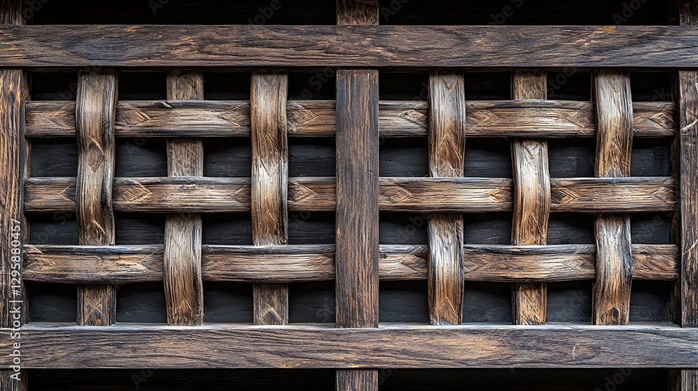 Poster a rustic wooden wall featuring a unique wooden lattice pattern adding depth and character to the nat