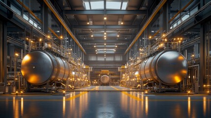 Fototapeta premium The coking unit of a refinery showcases large industrial drums and heaters, highlighting the intricate design and engineering of this crucial processing facility