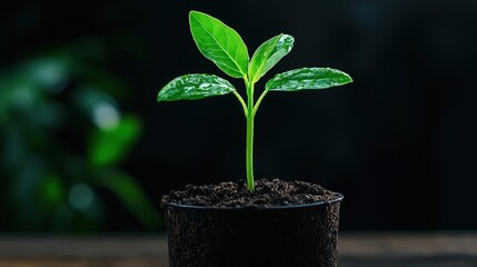 A small green plant with wet leaves is growing upwards