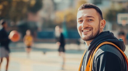 Cheerful young man in casual sportswear smiles while coaching on a basketball court during a sunny day with players practicing in the background
