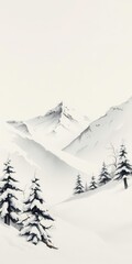 Obraz premium Crisp Winter Landscape in Ink Painting with Snow Covered Trees and Mountains