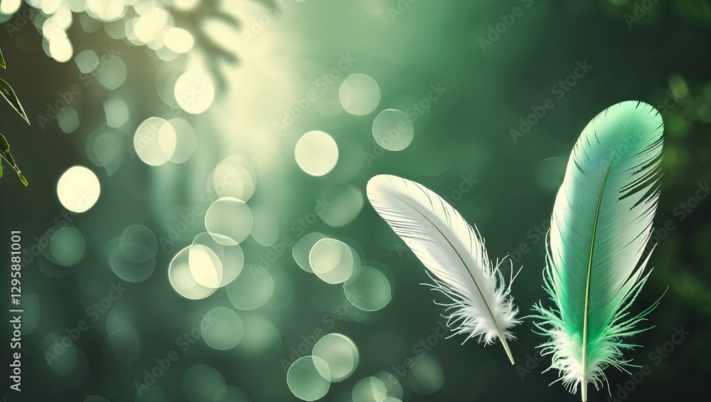 Poster colorful feathers gently float against a blurred green background with soft light during a calm afte