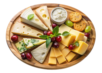 Cheese platter with grapes, crackers, and herbs-A delicious cheese platter featuring various cheese types, grapes, crackers, fresh herbs, and a small bowl of cream cheese.