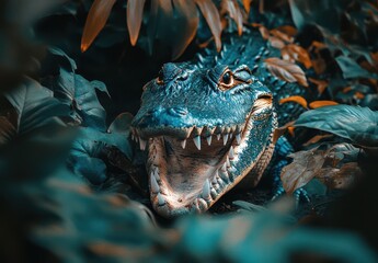 Close-Up of a Menacing Alligator Head Emerges from Lush Green Foliage, Capturing a Ferocious Expression Against a Vibrant Natural Background