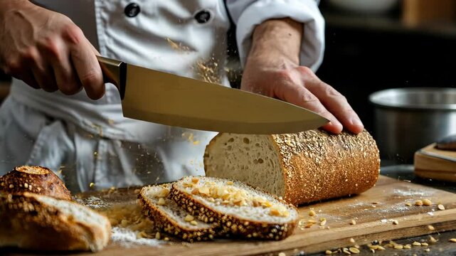 Artisan chef slices whole grain bread on wooden cutting board in a cozy kitchen, Artisanal bread cut, whole grain on wooden plate, chef with gold knife, detail