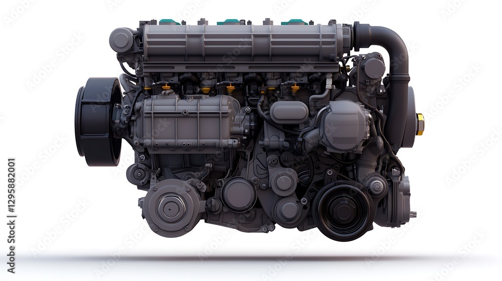 Poster a realistic 3d rendering of a car engine showcasing intricate details and components, highlighted ag