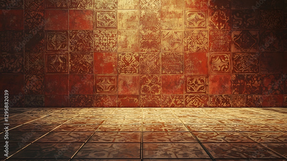 Poster beautifully illuminated tiled floor with soft light streaming through wall, creating an inviting and