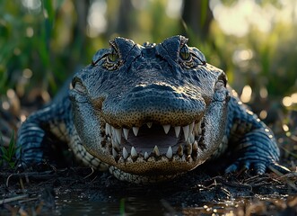 Obraz premium Close-Up of a Menacing Crocodile Revealing Sharp Teeth Amidst Natural Habitat with Soft Evening Light in Background, Nature Photography