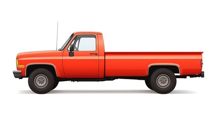 A classic red pickup truck with a single cab and long bed, featuring a simple design and robust build, ideal for work and utility.
