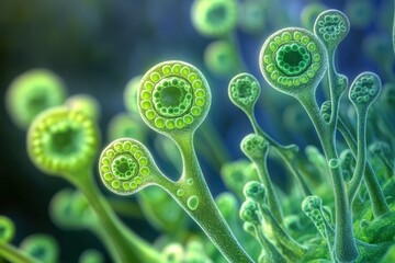 Penicillium Molded Fungal Growth and Penicillin Production. Detailed 3D Illustration of Fungal Spores and Conidiophore