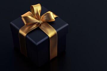 Obraz premium Shiny gold ribbon wrapped around a black gift box. Perfect for holidays, birthdays, or special occasions.