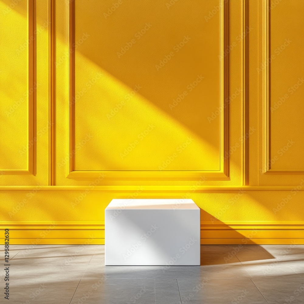 Poster sunlight streams through a serene room, casting warm shadows on a vibrant yellow wall. a simple whit