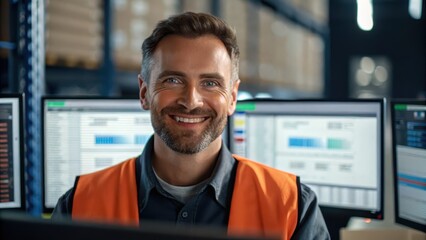 Warehouse data collection concept. A smiling man in an orange safety vest sits in front of multiple computer screens displaying data in a warehouse setting.