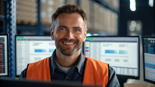 Warehouse data collection concept. A smiling man in an orange safety vest sits in front of multiple computer screens displaying data in a warehouse setting.