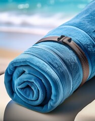 Close-Up of a Rolled-Up Beach Towel Secured with a Strap, Highlighting the Fabric Texture