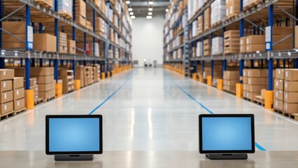 Fototapeta premium Warehouse data collection concept. A spacious warehouse with shelves stacked high with boxes, featuring two computers in the foreground.