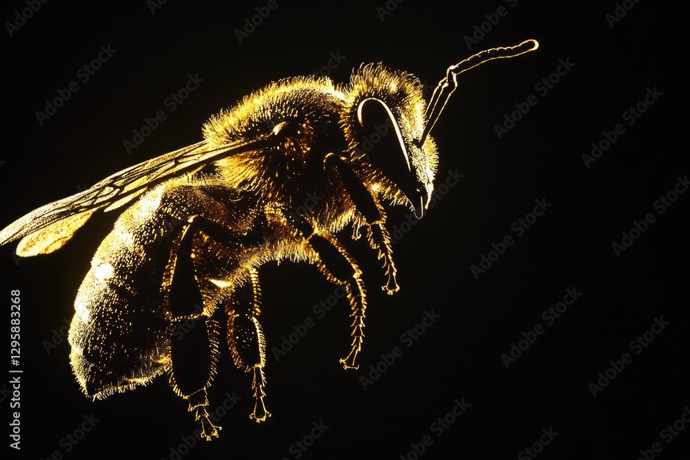 Poster close-up of a honeybee flying in focus with bokeh effect.