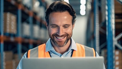 Warehouse data collection concept. A smiling man in a safety vest works on a laptop in a warehouse, surrounded by storage shelves, illustrating productivity and efficiency in logistics.