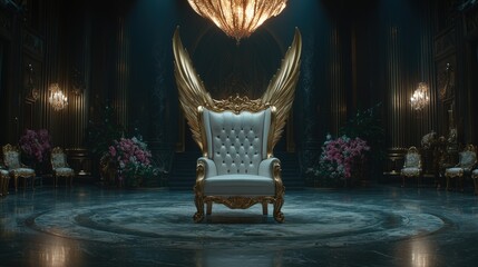 A luxurious chair with golden wings in an elegant hall
