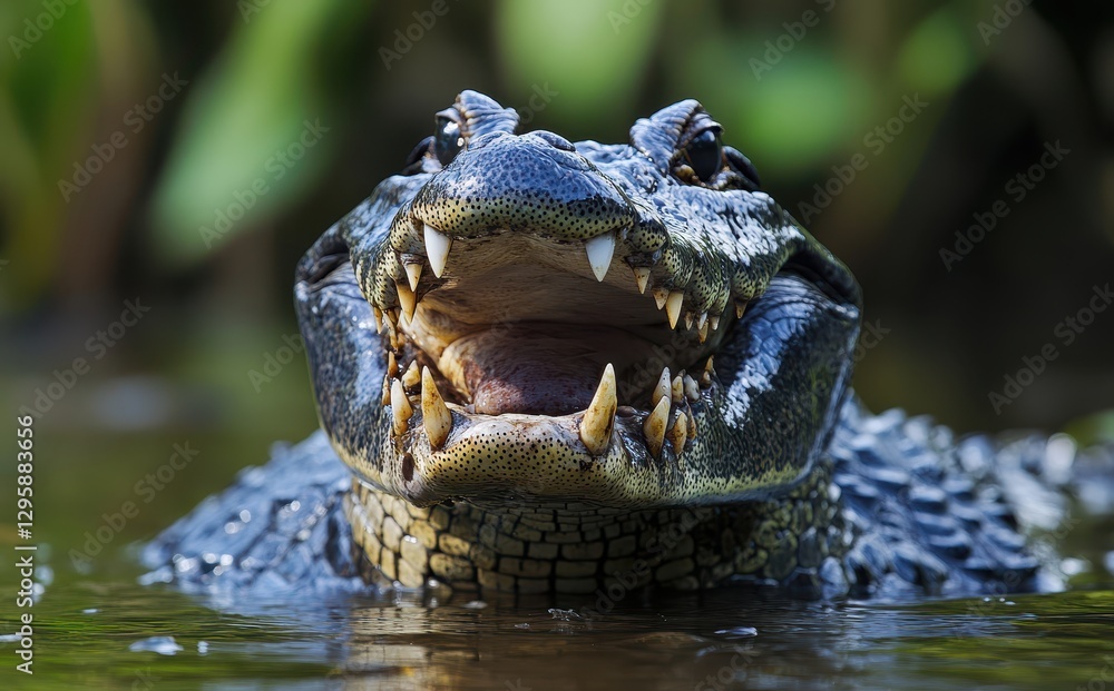 Poster close-up of a powerful alligator with sharp teeth and intimidating expression emerging from the wate