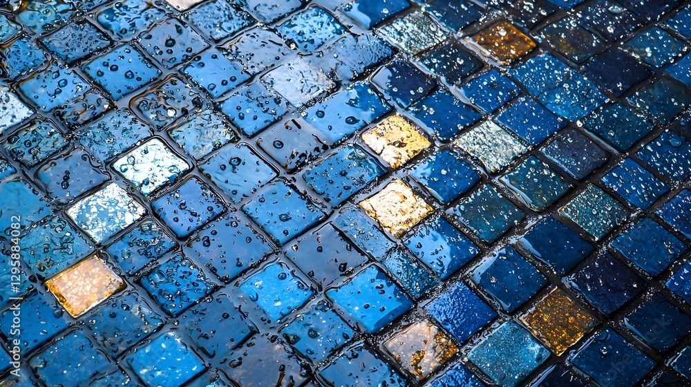 Poster tiled floor covered in water creating a stunning reflection and visual of moisture in an indoor spac