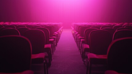 Obraz premium Empty Theater With Rows of Red Chairs Under Pink Lighting