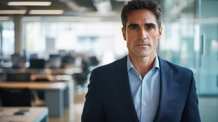 Obraz premium Confident Businessman in Formal Attire Standing in Modern Office Environment with Contemporary Design and Bright Lighting