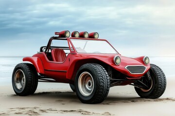Red Dune Buggy on Beach. Vintage Old Classic Car in Empty Scene