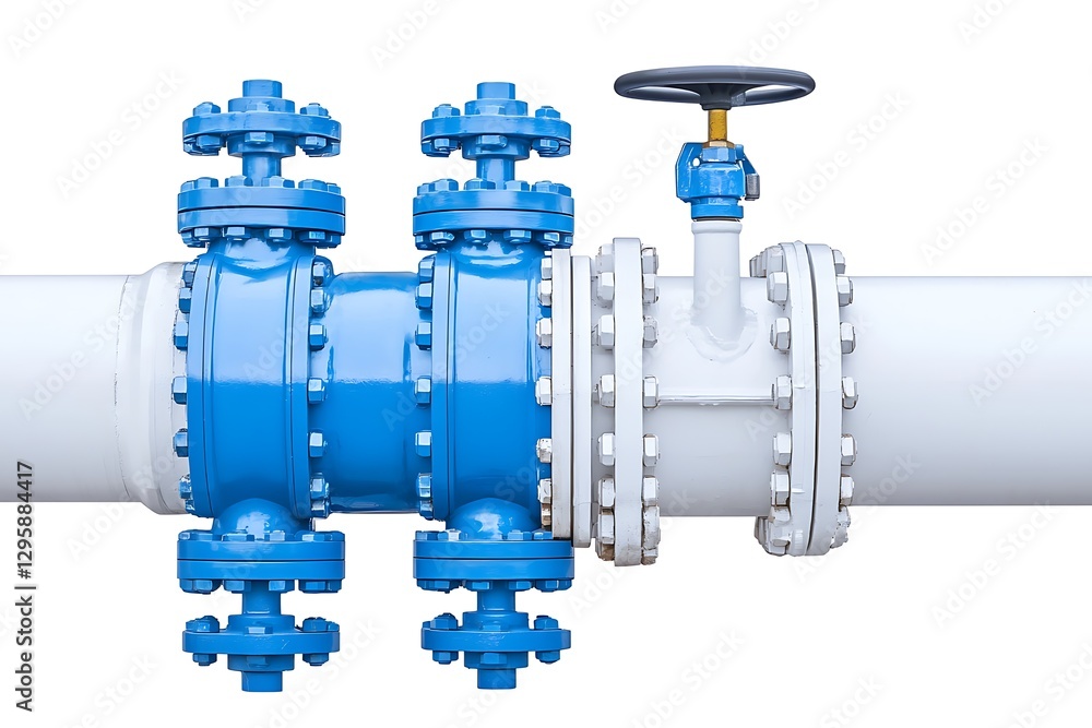 Poster a blue valve assembly connected to a white pipeline, showcasing industrial design and functionality 