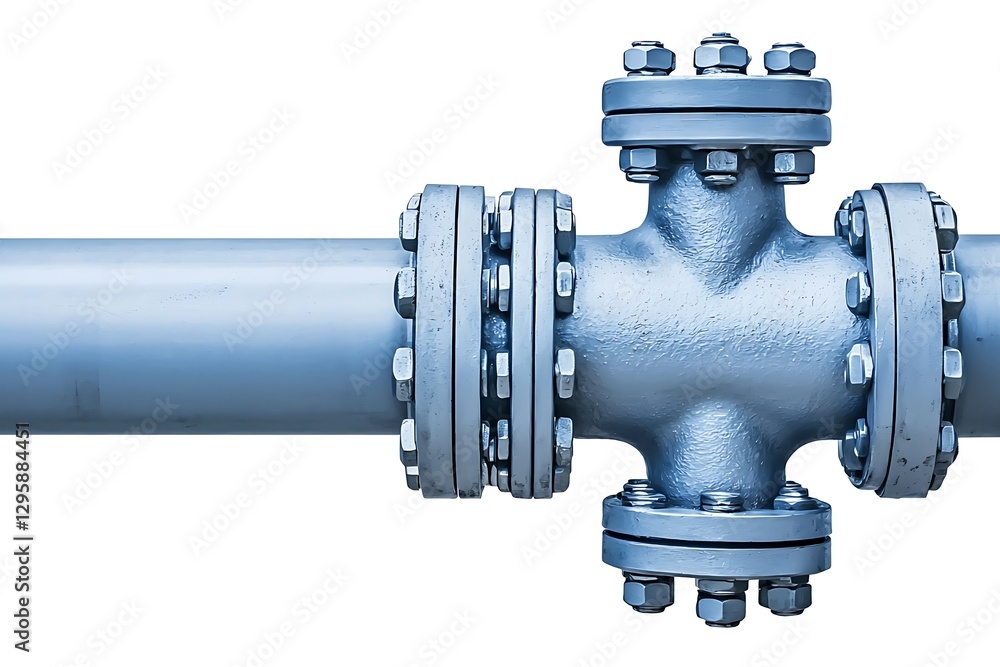 Poster a metal pipe fitting with a cross shape and multiple bolts, designed for connecting different pipe s