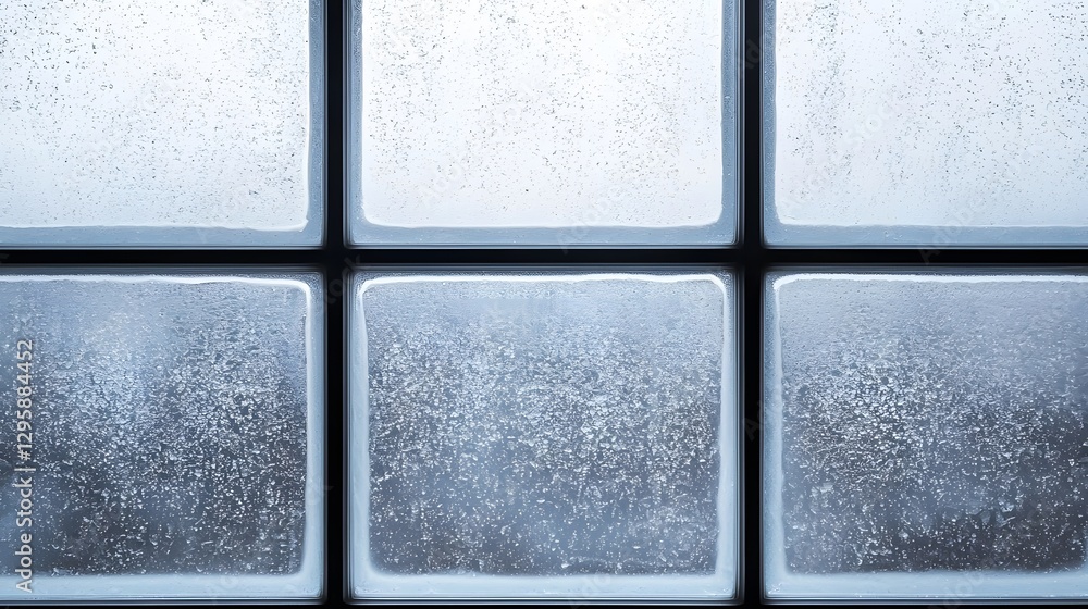 Poster window with condensed glass reflecting soft light and showcasing intricate patterns of moisture and 
