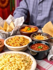  Vibrant Mexican Feast with Tortillas, Rice, Beans, and Tacos in Festive Setting