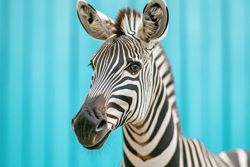 Fototapeta premium Zebra standing in front of green backdrop with blue sky reflection.